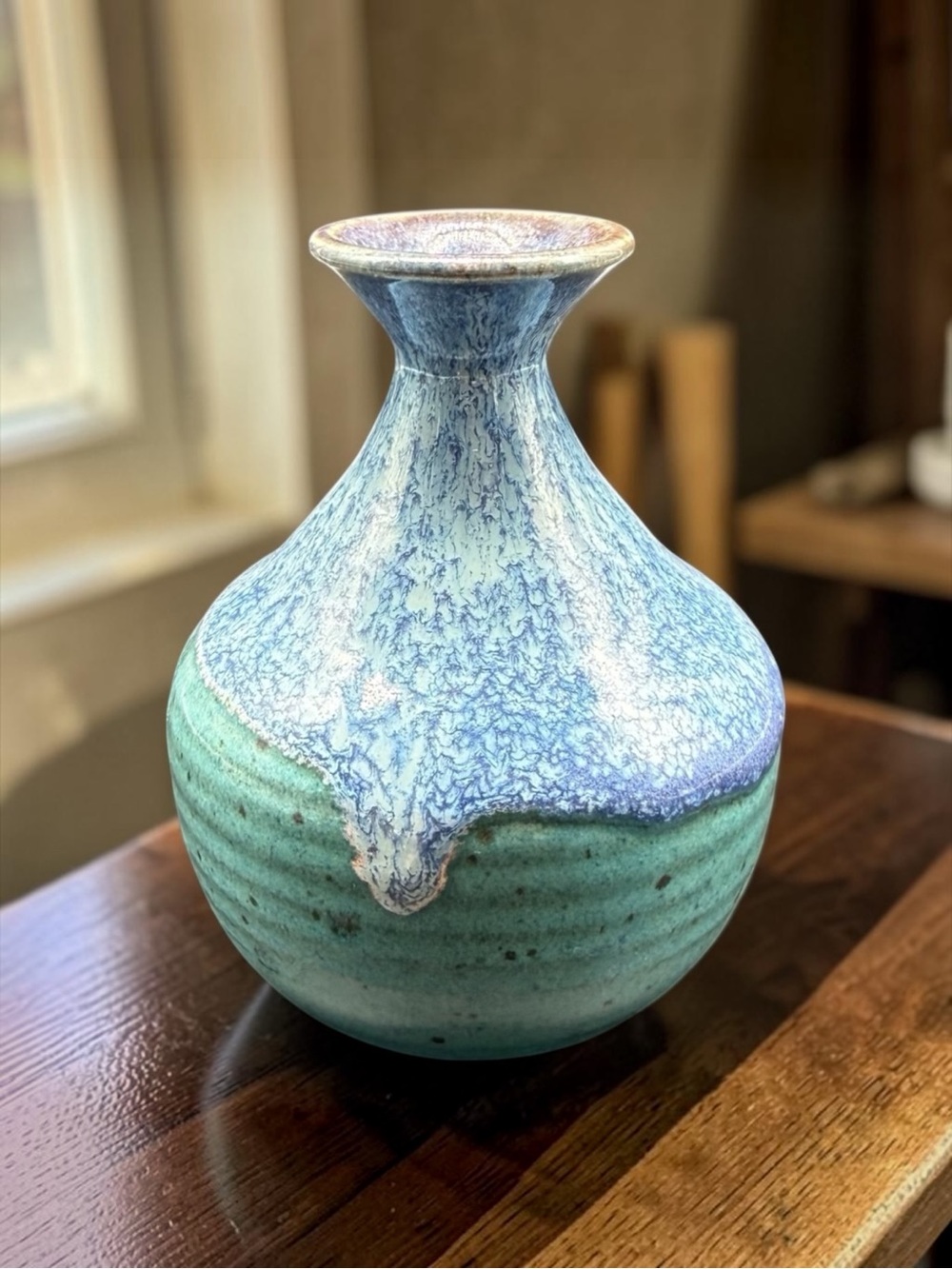 Studio Art Pottery Bud Vase Signed Blue Green Drip Glaze 4” Artisan Earthy